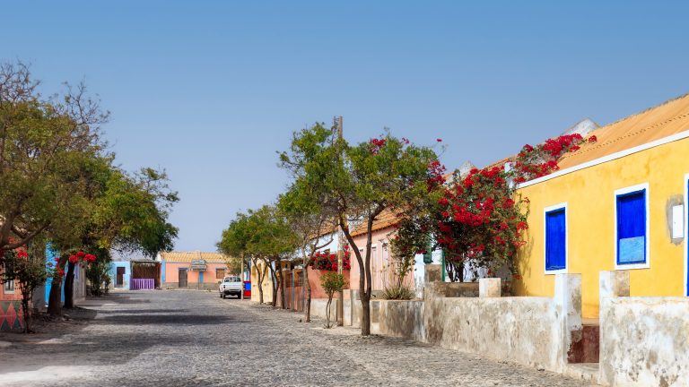 Beautiful streets of Sal Rei, Boa Vista, Cape Verde with colourful homes and treelined streets